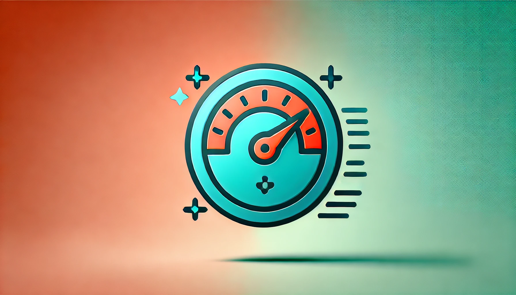 Wide-format image with a gradient background blending soft coral and light turquoise. A minimalist speedometer icon with a pointer indicating high performance is centered, symbolizing web optimization and speed testing. The icon uses a deep teal outline with bright orange accents and a soft shadow beneath for subtle depth. Concept Used For GMetrix Speed.