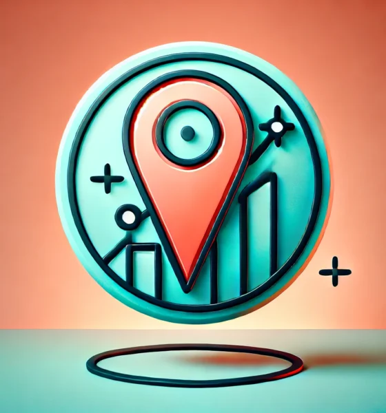 Wide-format image with a gradient background blending soft coral and light turquoise. A flat icon featuring a map pin with a rising graph line is centered, symbolizing traffic growth for Google Business Profiles. The icon is outlined in deep teal with bright orange accents and has a soft shadow beneath for depth. Concept is Used For Generate Organic Visits for Google Business Profile.