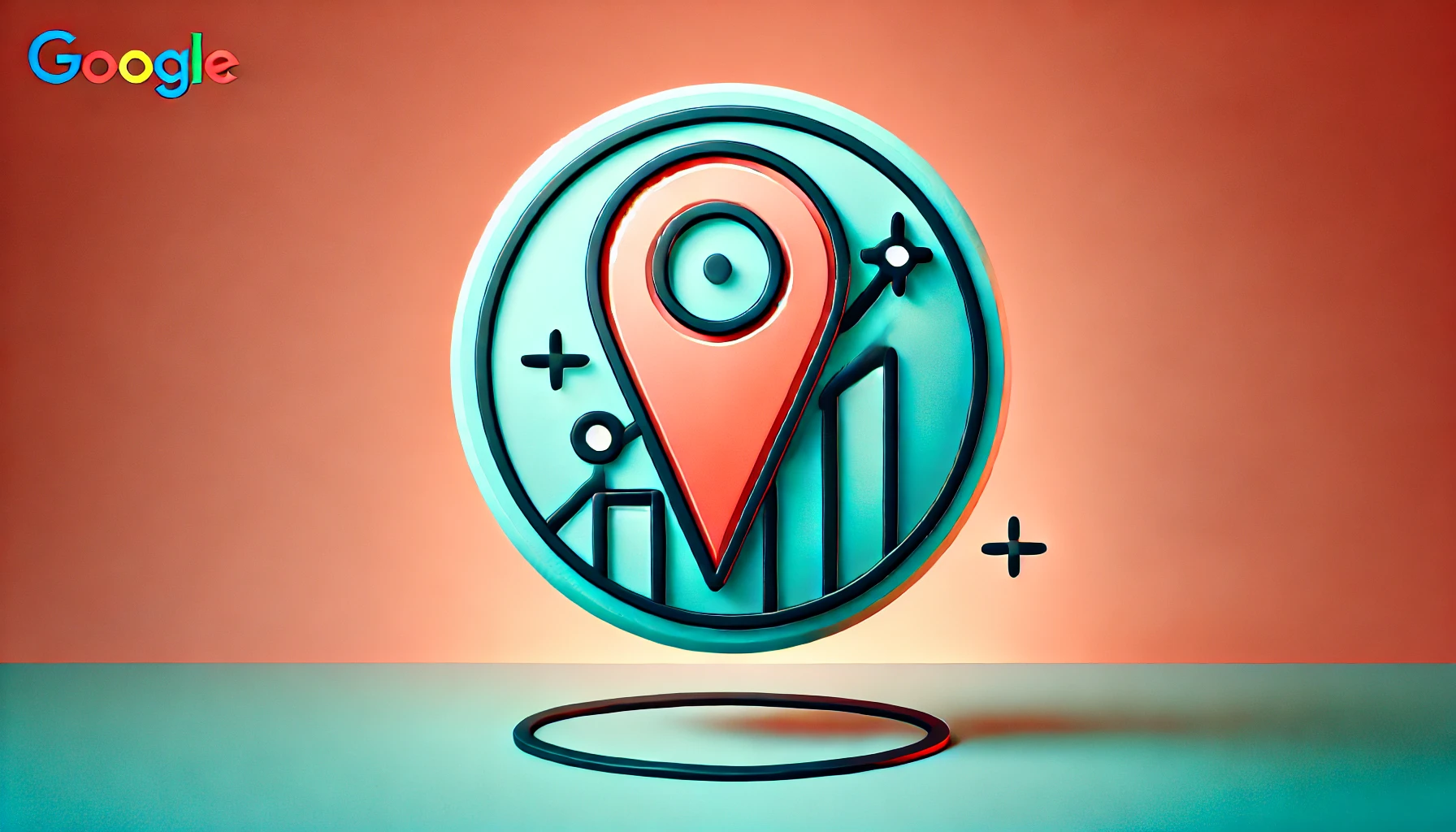 Wide-format image with a gradient background blending soft coral and light turquoise. A flat icon featuring a map pin with a rising graph line is centered, symbolizing traffic growth for Google Business Profiles. The icon is outlined in deep teal with bright orange accents and has a soft shadow beneath for depth. Concept is Used For Generate Organic Visits for Google Business Profile.