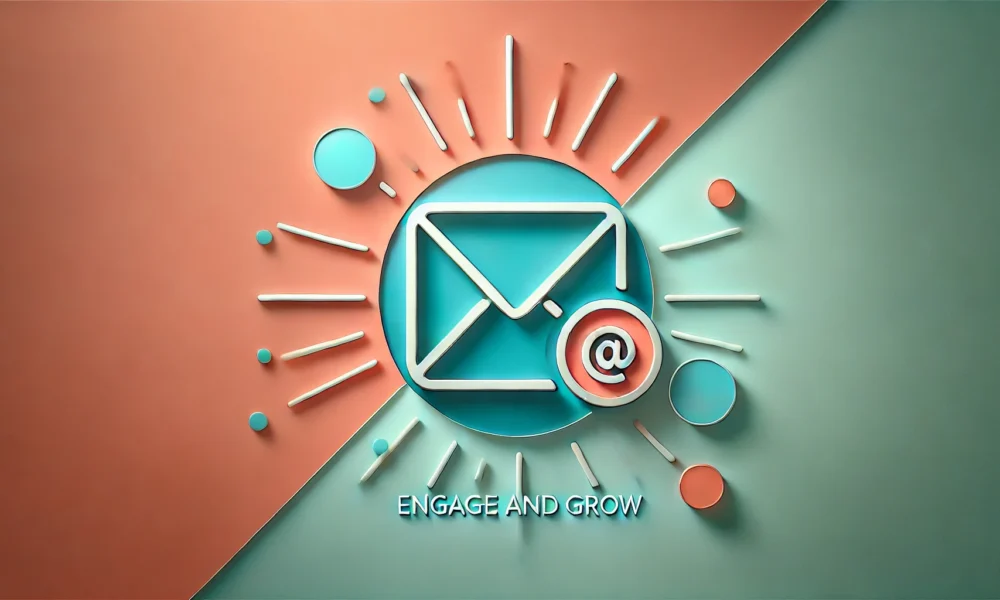 Wide-format image with a gradient background blending soft coral and light turquoise. A flat icon of an envelope with a share symbol is centered, representing email marketing and the sharing of links. The icon is outlined in deep teal with bright orange accents and has a soft shadow beneath it for subtle depth. Concept is used for Shareable Links in Email Marketing