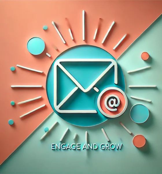 Wide-format image with a gradient background blending soft coral and light turquoise. A flat icon of an envelope with a share symbol is centered, representing email marketing and the sharing of links. The icon is outlined in deep teal with bright orange accents and has a soft shadow beneath it for subtle depth. Concept is used for Shareable Links in Email Marketing