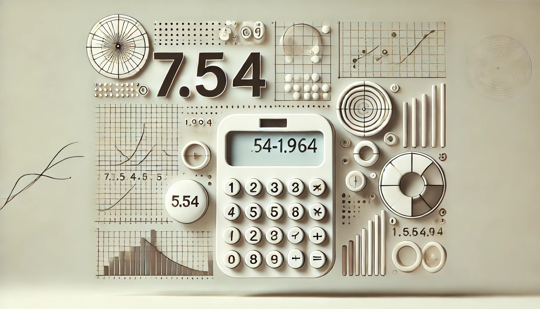 minimalistic feature image with a focus on the mathematical expression 7.54-1.964, featuring a calculator, graphs, and charts in the background symbolizing precision and data analysis.