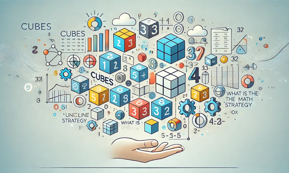 A wide-format feature image representing the CUBES math strategy for problem-solving. The design features brightly colored cubes, numbers, and mathematical symbols, with visual hints of steps like circling, underlining, and boxing key information. The background is clean and light, focusing on the simplicity of the strategy.