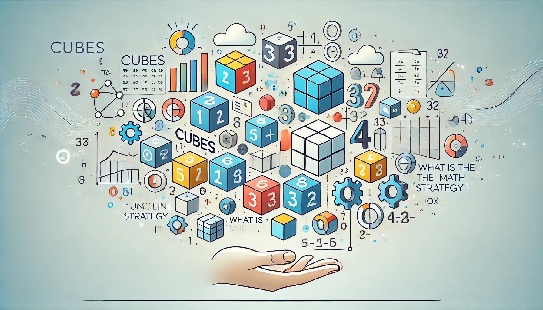 A wide-format feature image representing the CUBES math strategy for problem-solving. The design features brightly colored cubes, numbers, and mathematical symbols, with visual hints of steps like circling, underlining, and boxing key information. The background is clean and light, focusing on the simplicity of the strategy.