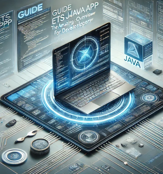 Wide feature image of a sleek laptop displaying a Java application interface, surrounded by futuristic digital graphics, code snippets, and circuit patterns. The article title 'Guide ETSJavaApp: The Amazing 2024 Overview for Developers' is displayed on the left in a stylish, modern font.