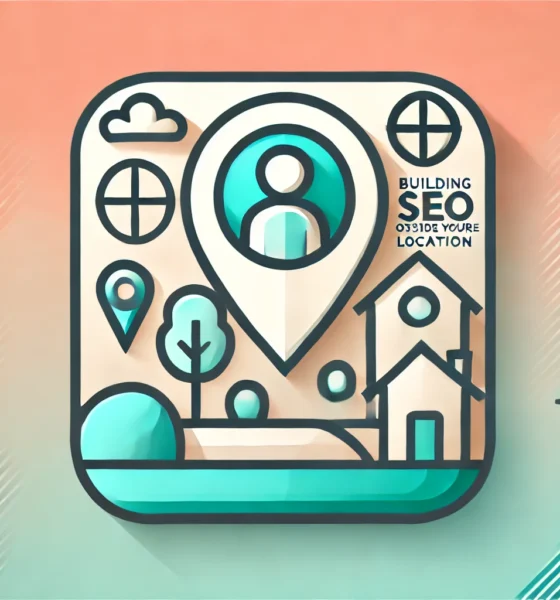 Wide-format feature image with a clean, modern, and minimalist design. The background has a smooth gradient transitioning from soft coral on the left to light turquoise on the right, with a seamless blend at the center. A simple, flat icon representing local SEO is centered, outlined in deep teal with bright orange accents. The icon has a light gray shadow beneath, adding subtle depth. Concept used fo Building Local SEO Outside Your Core Location.