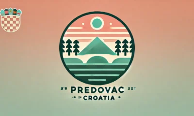 Feature image for article on Predovac, Croatia, with a gradient background from pale coral to light sky blue and a central icon symbolizing nature and culture in deep forest green with light yellow accents.