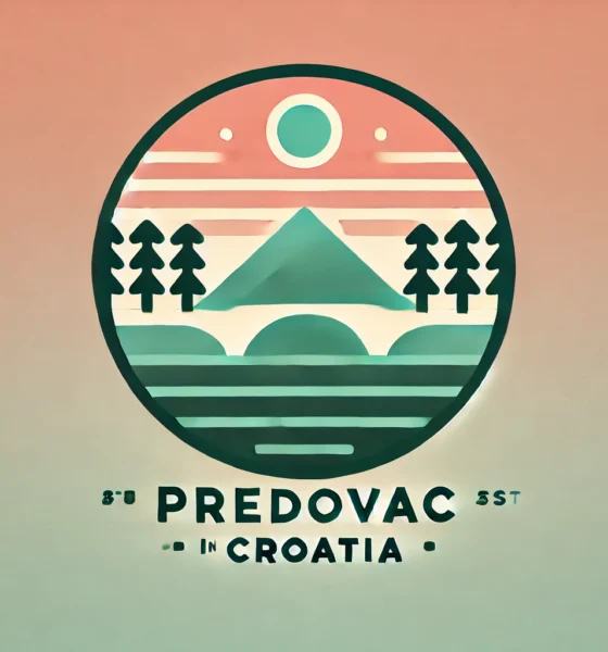 Feature image for article on Predovac, Croatia, with a gradient background from pale coral to light sky blue and a central icon symbolizing nature and culture in deep forest green with light yellow accents.