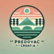 Feature image for article on Predovac, Croatia, with a gradient background from pale coral to light sky blue and a central icon symbolizing nature and culture in deep forest green with light yellow accents.