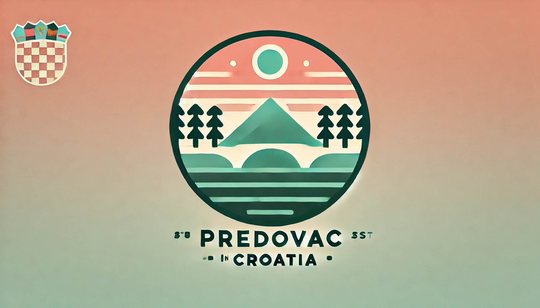 Feature image for article on Predovac, Croatia, with a gradient background from pale coral to light sky blue and a central icon symbolizing nature and culture in deep forest green with light yellow accents.