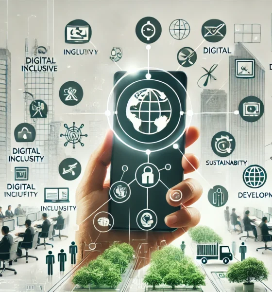 Bebasinindo platform interface featuring icons for digital inclusivity, sustainability, and development in Indonesia, with digital infrastructure and green technology elements in the background.