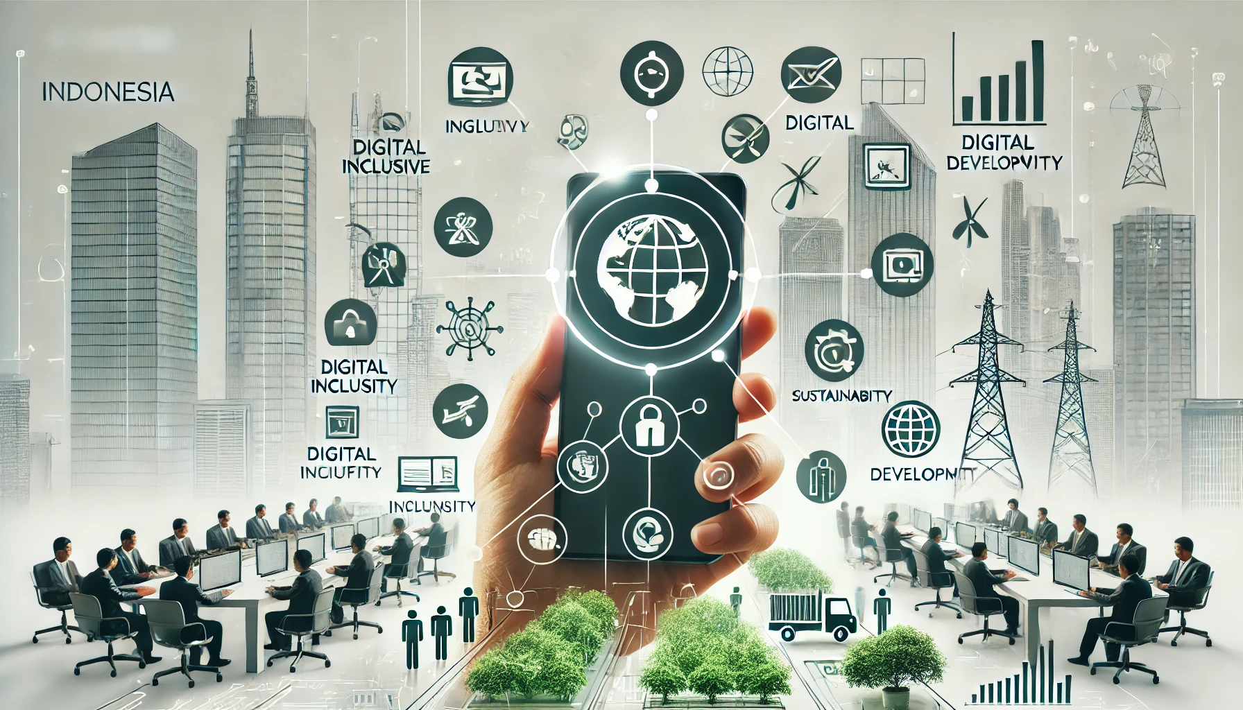 Bebasinindo platform interface featuring icons for digital inclusivity, sustainability, and development in Indonesia, with digital infrastructure and green technology elements in the background.