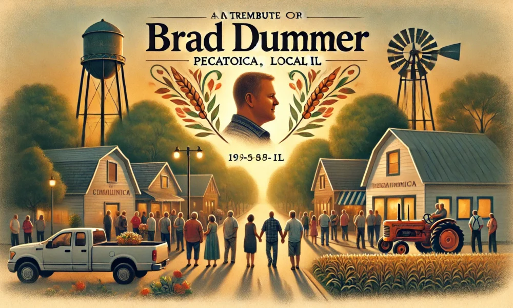 Brad Dummer obituary Pecatonica IL tribute image, set in a peaceful small-town atmosphere with symbols of community spirit and remembrance.