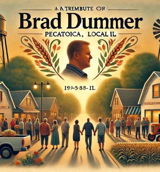 Brad Dummer obituary Pecatonica IL tribute image, set in a peaceful small-town atmosphere with symbols of community spirit and remembrance.