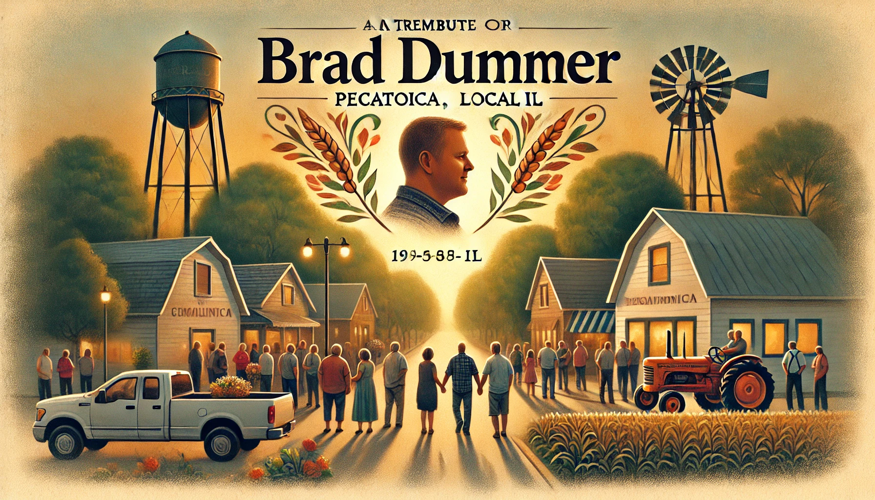 Brad Dummer obituary Pecatonica IL tribute image, set in a peaceful small-town atmosphere with symbols of community spirit and remembrance.