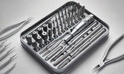 Wide-format image of a premium Fresas de Diamante Kit BR1910, featuring diamond-coated burs in an organized sterilization-ready tray, designed for precision dental tasks such as cavity preparation, crown shaping, and veneer adjustments.