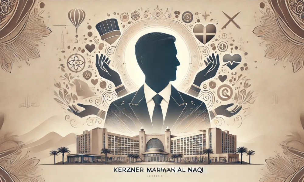 Silhouette of Kerzner Marwan Al Naqi symbolizing luxury hospitality and philanthropy, with luxury resort and charity elements in the background.