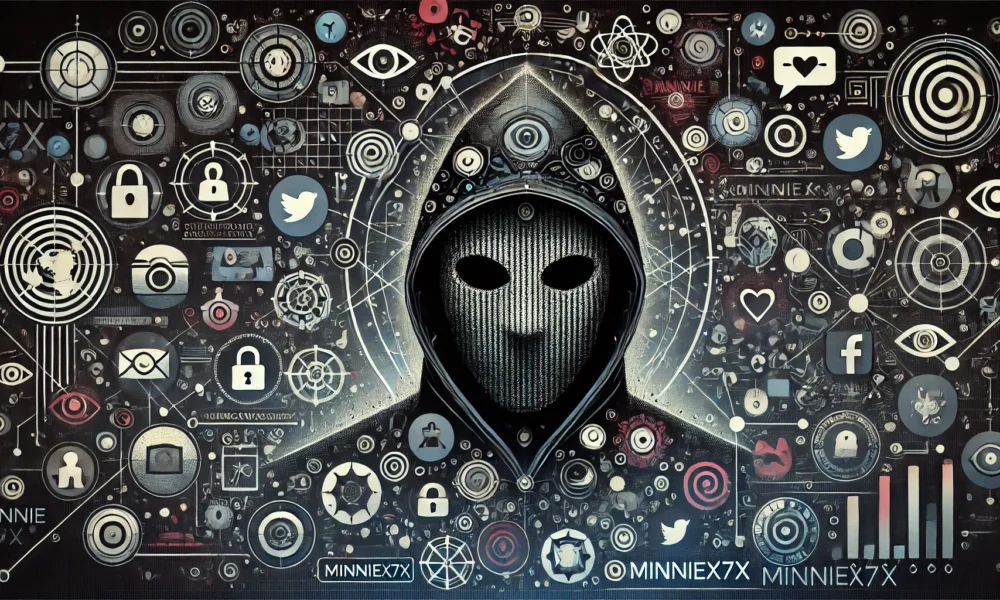 Mystery-themed digital illustration representing Minniex7x, with abstract symbols and cryptic elements suggesting online anonymity and creativity.