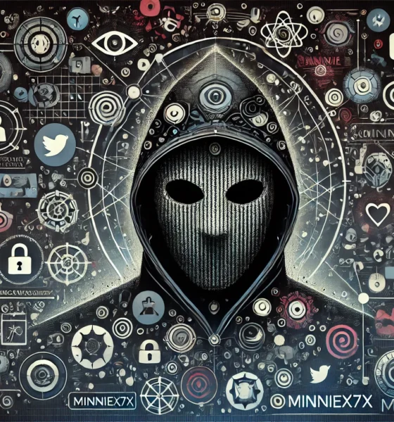 Mystery-themed digital illustration representing Minniex7x, with abstract symbols and cryptic elements suggesting online anonymity and creativity.