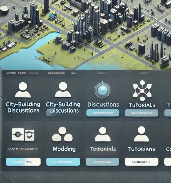 A clean, user-friendly online forum interface with icons for city-building discussions, tutorials, and community events, featuring a subtle cityscape in the background. Concept used for simpcityforum.