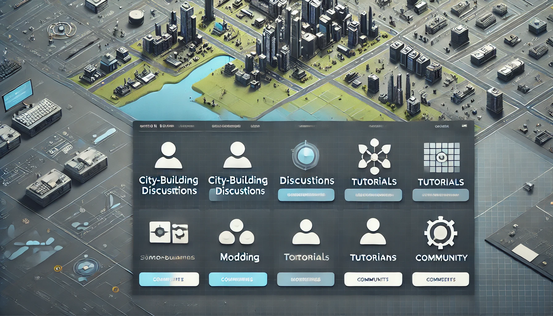 A clean, user-friendly online forum interface with icons for city-building discussions, tutorials, and community events, featuring a subtle cityscape in the background. Concept used for simpcityforum.