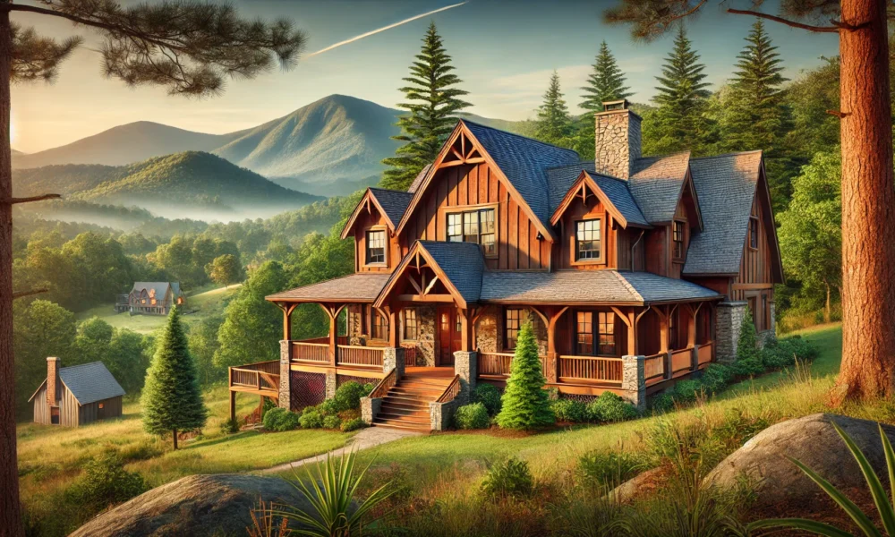 Rustic mountain home with wooden exterior and stone accents, large front porch, and scenic views of mountains and trees in Murphy, North Carolina. Concept is used for 695 stone bridge drive murphy 28906.