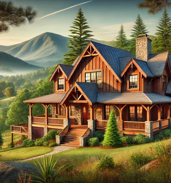 Rustic mountain home with wooden exterior and stone accents, large front porch, and scenic views of mountains and trees in Murphy, North Carolina. Concept is used for 695 stone bridge drive murphy 28906.