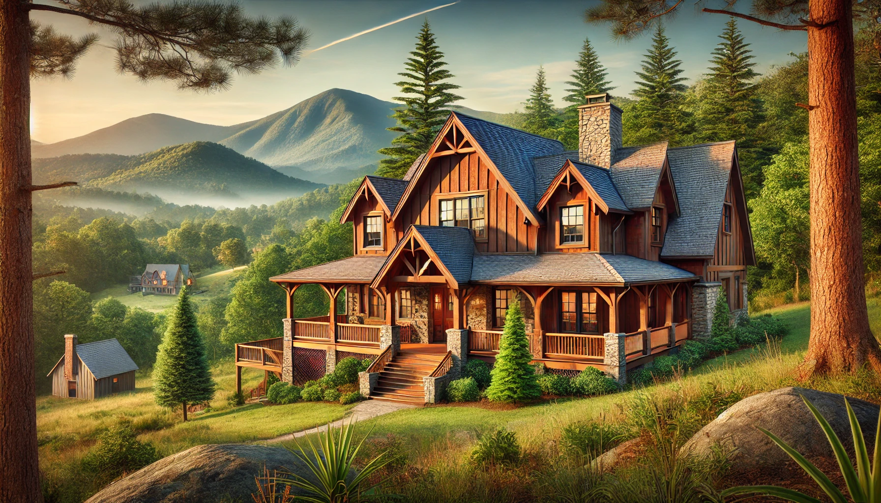 Rustic mountain home with wooden exterior and stone accents, large front porch, and scenic views of mountains and trees in Murphy, North Carolina. Concept is used for 695 stone bridge drive murphy 28906.