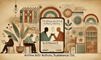 Wide-format feature image for "What is Archive ASSTR Authors/Stories/Sustenance.txt?" depicting a digital archive with thematic elements of sustenance, showing abstract human figures in a setting with books and digital screens, symbolizing emotional and physical nourishment.