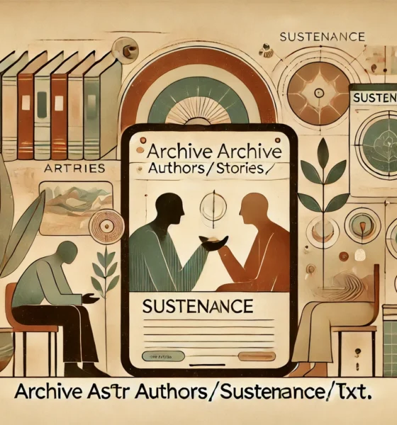 Wide-format feature image for "What is Archive ASSTR Authors/Stories/Sustenance.txt?" depicting a digital archive with thematic elements of sustenance, showing abstract human figures in a setting with books and digital screens, symbolizing emotional and physical nourishment.