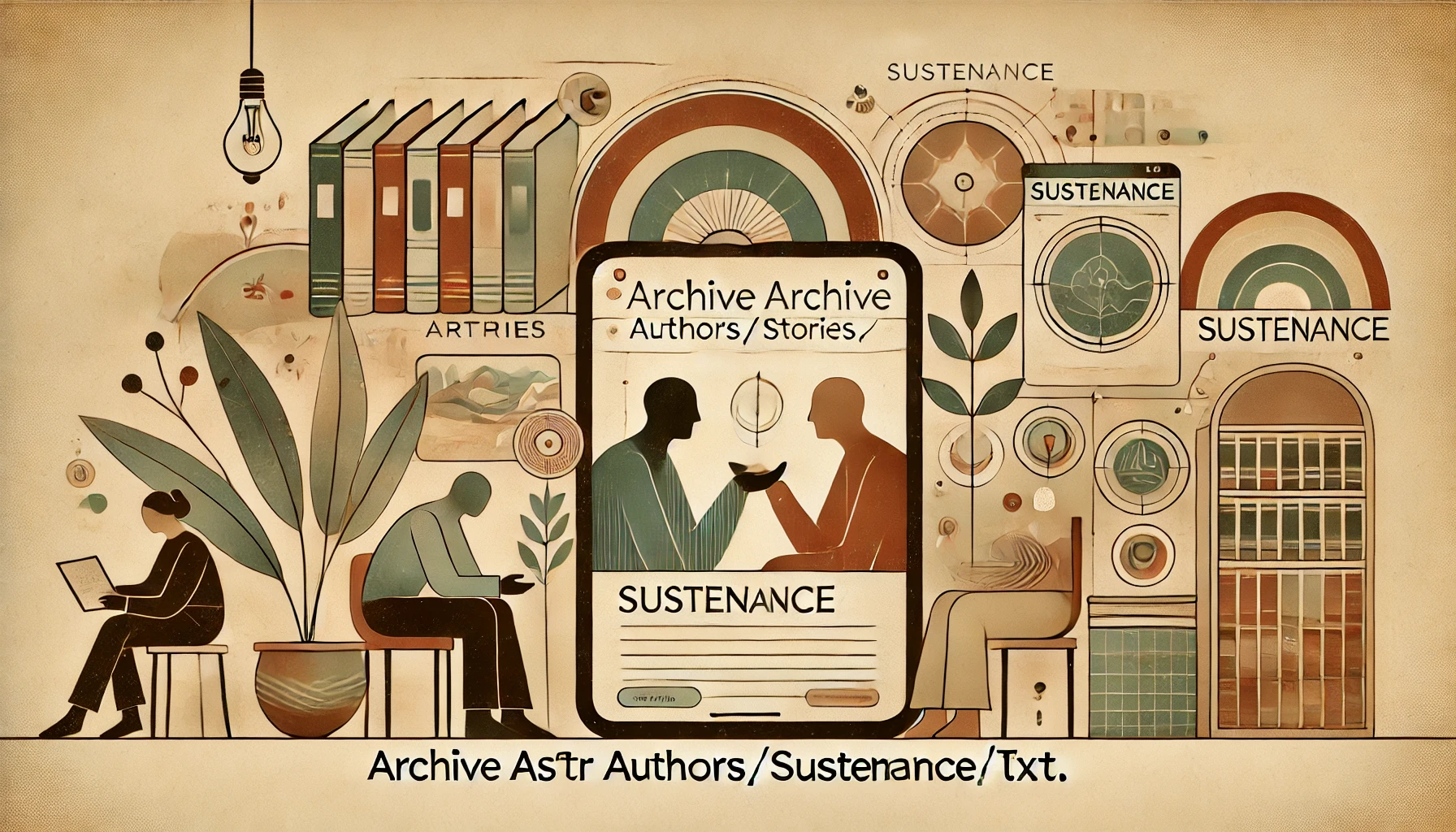 Wide-format feature image for "What is Archive ASSTR Authors/Stories/Sustenance.txt?" depicting a digital archive with thematic elements of sustenance, showing abstract human figures in a setting with books and digital screens, symbolizing emotional and physical nourishment.