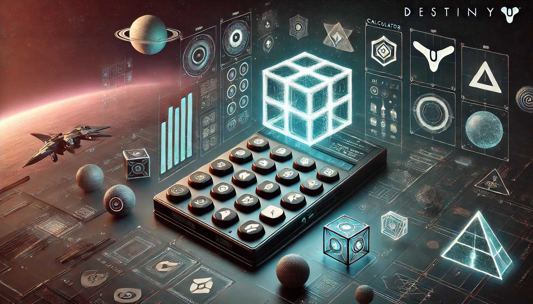 Futuristic interface of the Verity Calculator tool in Destiny 2's Salvation's Edge raid, displaying symbols like cubes and pyramids against a dark, sci-fi theme. Concept is used for D2 Verity Calculator.