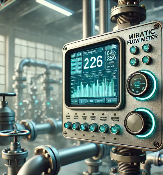 Miratic Flow Meter Display Device in an industrial setting with digital display showing metrics, surrounded by pipes and machinery.