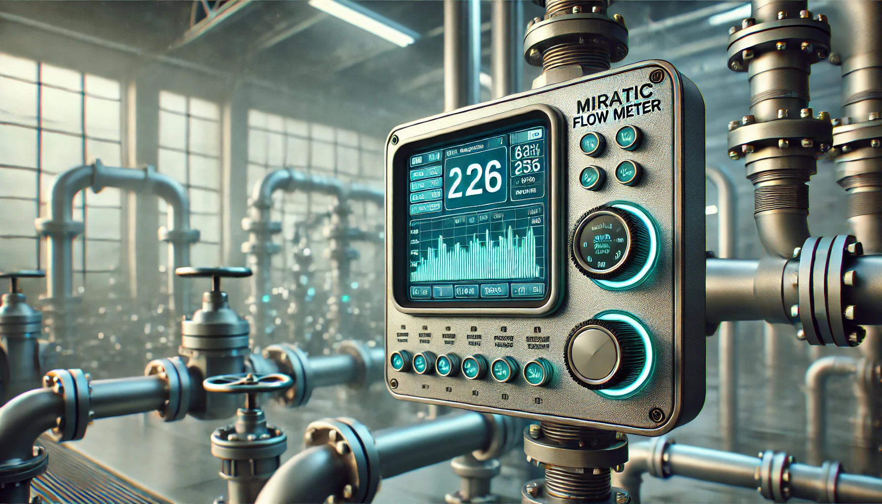 Miratic Flow Meter Display Device in an industrial setting with digital display showing metrics, surrounded by pipes and machinery.