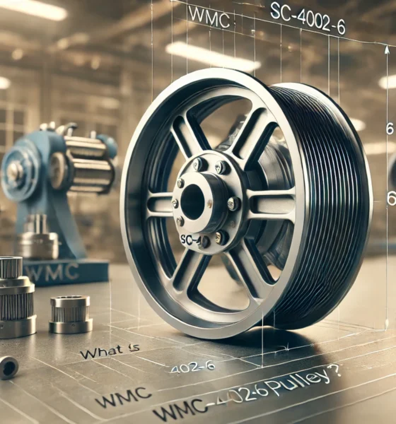 Mechanical pulley WMC SC-4002-6 with 6-inch diameter and groove details, positioned in a light industrial setting. Concept is used for WMC SC-4002-6 Pulley Size.