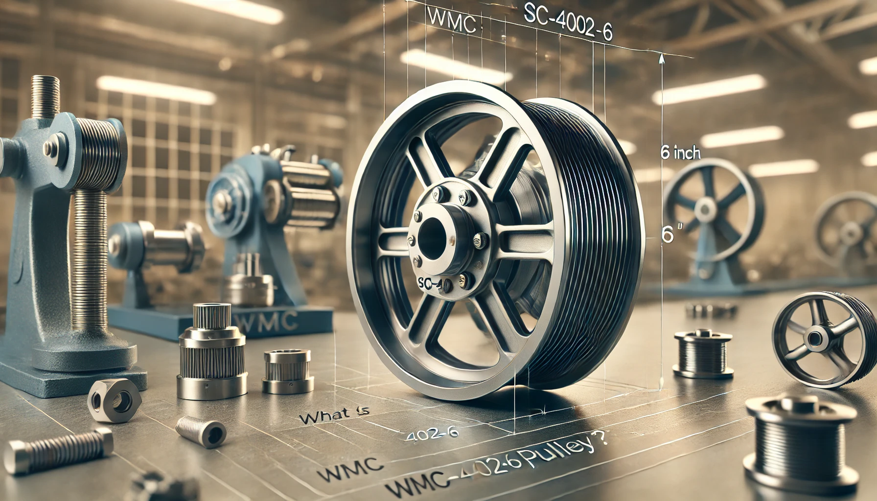 Mechanical pulley WMC SC-4002-6 with 6-inch diameter and groove details, positioned in a light industrial setting. Concept is used for WMC SC-4002-6 Pulley Size.