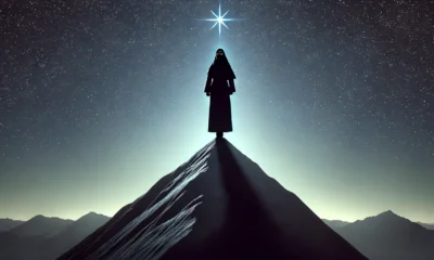 Silhouette of a woman in a niqab standing on a mountain peak under a star-filled night sky, symbolizing resilience and success. Title: Who is Brenda Yoshitake?