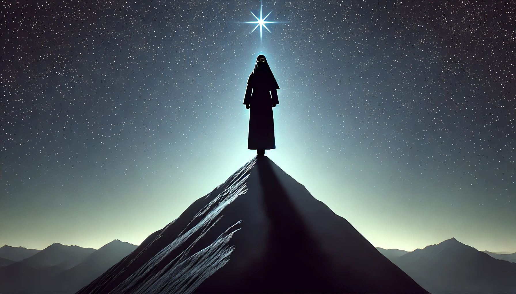 Silhouette of a woman in a niqab standing on a mountain peak under a star-filled night sky, symbolizing resilience and success. Title: Who is Brenda Yoshitake?