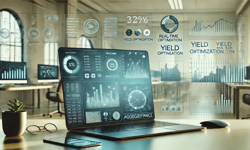 Aggreg8Finance dashboard on a laptop showing yield optimization analytics and financial updates in a modern office setting.