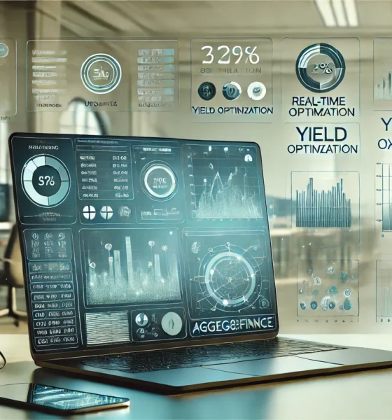 Aggreg8Finance dashboard on a laptop showing yield optimization analytics and financial updates in a modern office setting.