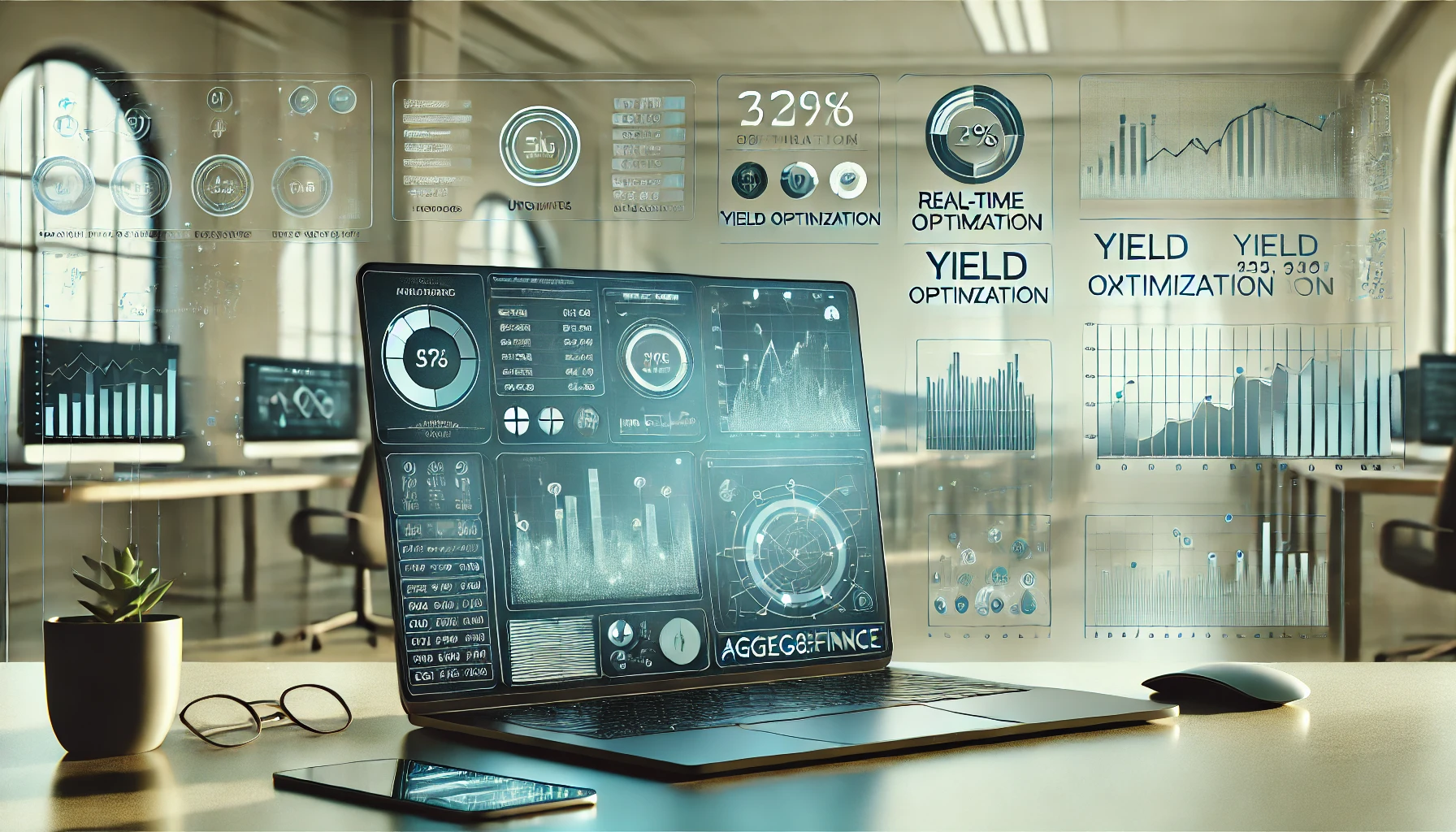 Aggreg8Finance dashboard on a laptop showing yield optimization analytics and financial updates in a modern office setting.