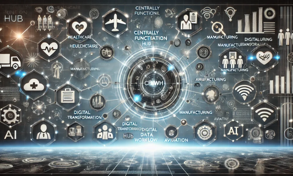 Futuristic interface showcasing CFBWH applications across industries like healthcare, manufacturing, and aviation, connected to a central workflow automation hub.