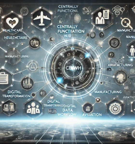 Futuristic interface showcasing CFBWH applications across industries like healthcare, manufacturing, and aviation, connected to a central workflow automation hub.