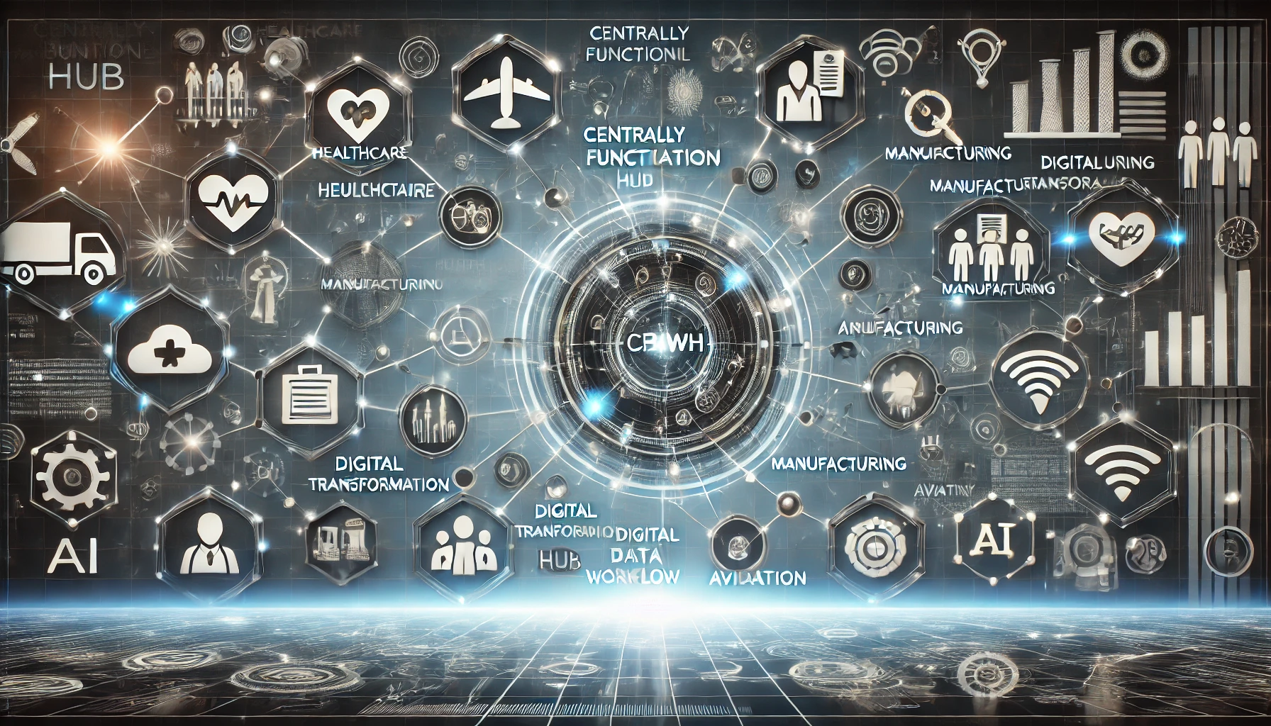 Futuristic interface showcasing CFBWH applications across industries like healthcare, manufacturing, and aviation, connected to a central workflow automation hub.