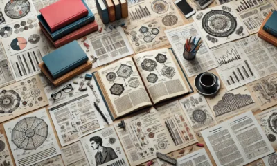 A desk covered with academic papers, open journals, and research documents in a scholarly setting. The Concept is used for chelley henry paper research.