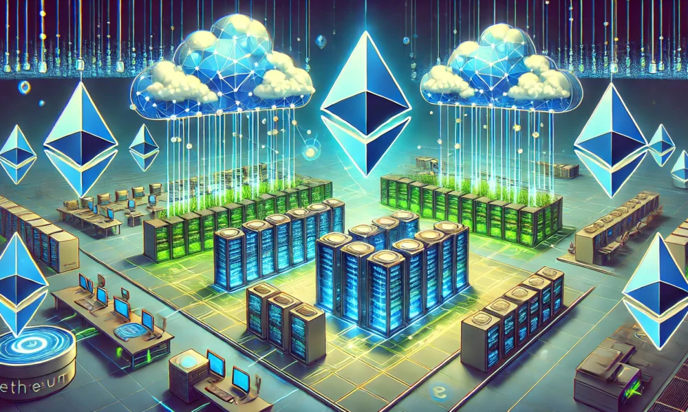 Illustration of Cloudlin Down ETH1 with futuristic data centers and Ethereum blockchain integration, highlighting decentralized cloud infrastructure and smart contract automation.