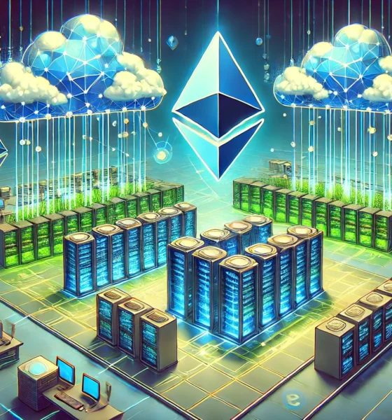 Illustration of Cloudlin Down ETH1 with futuristic data centers and Ethereum blockchain integration, highlighting decentralized cloud infrastructure and smart contract automation.