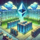 Illustration of Cloudlin Down ETH1 with futuristic data centers and Ethereum blockchain integration, highlighting decentralized cloud infrastructure and smart contract automation.