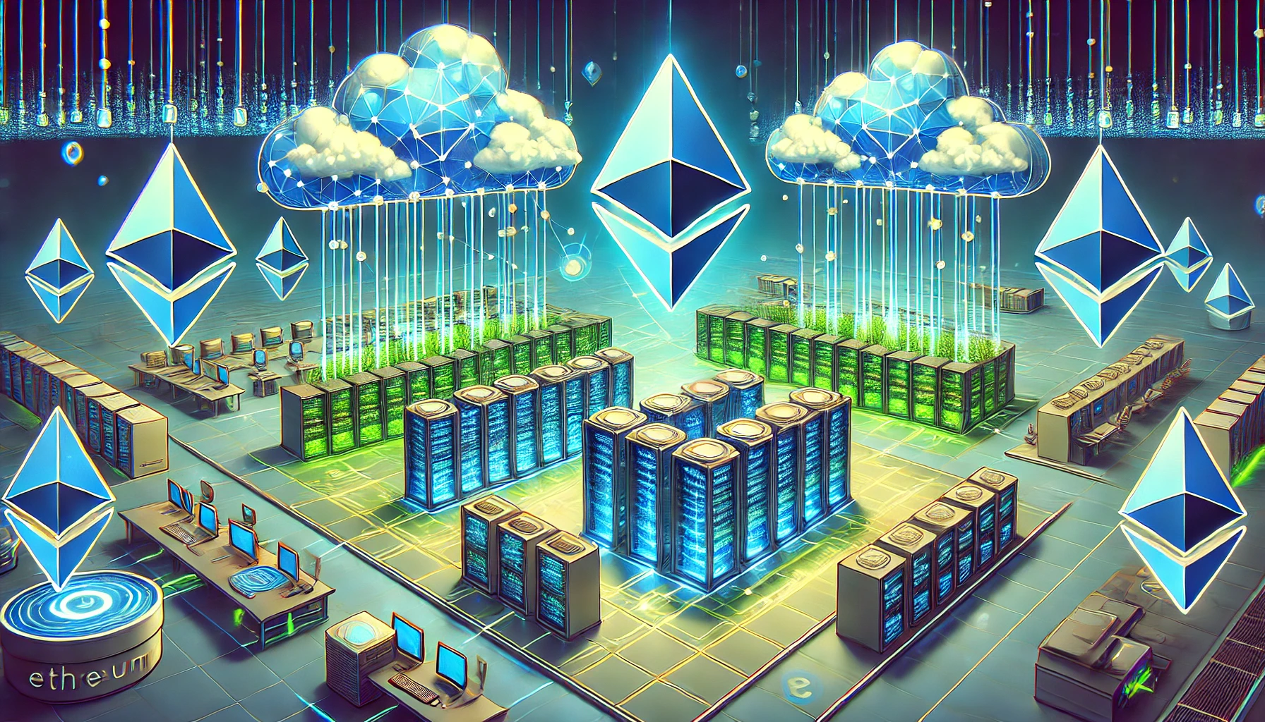 Illustration of Cloudlin Down ETH1 with futuristic data centers and Ethereum blockchain integration, highlighting decentralized cloud infrastructure and smart contract automation.