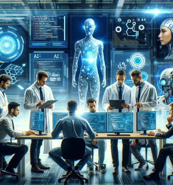 High-tech lab with an all-male research team collaborating on AI and software development, symbolizing innovation and technological impact related to Codey Pershinskey’s contributions.